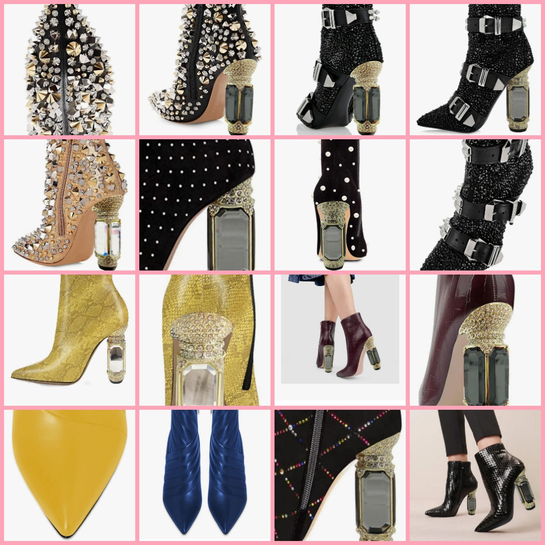 Pointed Toe Crystal Chunky Block High Heel Ankle Boots Glossy Side Zipper
