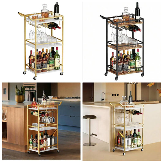 3 Tier Bar Cart, Mini Liquor Utility Cart For Wine Beverage Dinner Party, Rolling Wine Coffee Drink Serving Cart With Lockable Wheels For Home Kitchen Bars 1 cart