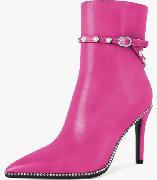 Women Ankle Boots Short Bootie Close Pointed Toe Stiletto High Heel Booties Fashion Beaded Pearl Buckle Dress Shoes 4 Inch