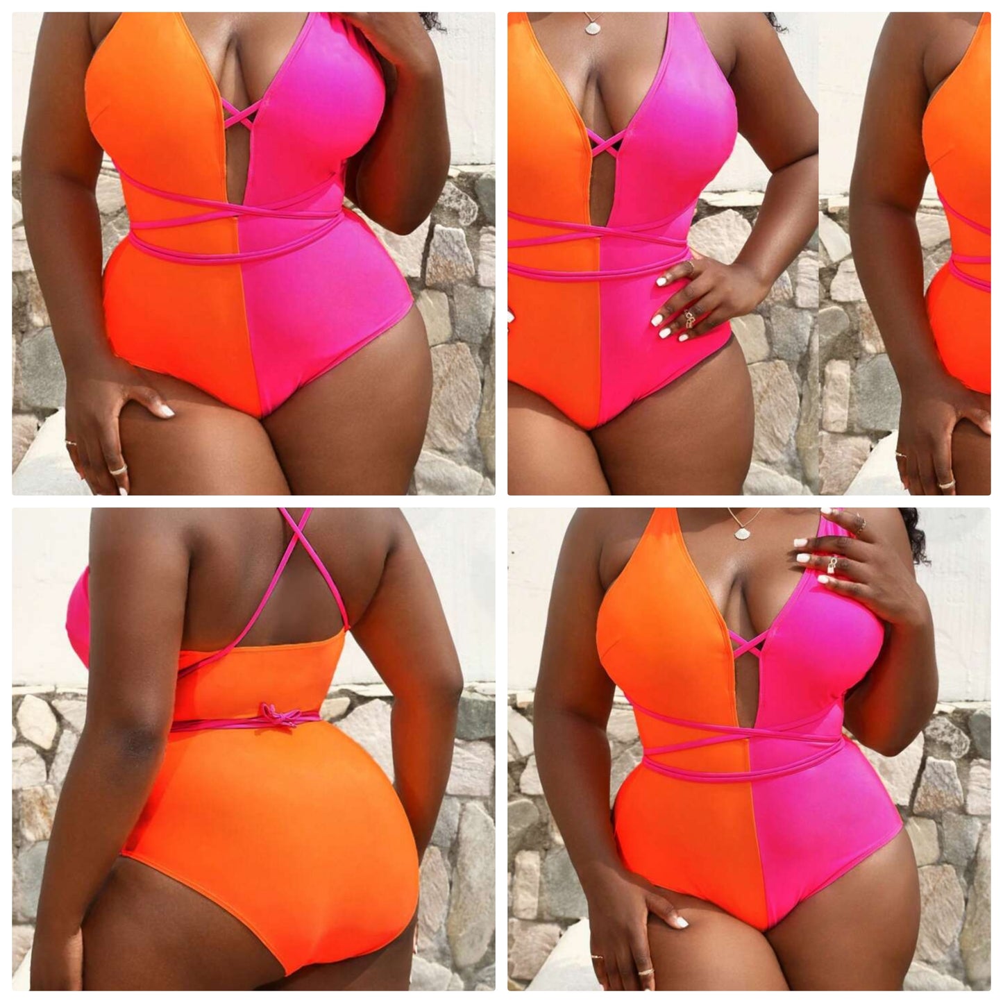 Plus Colorblock Crisscross Tie Backless Plunging Neck One Piece Swimsuit