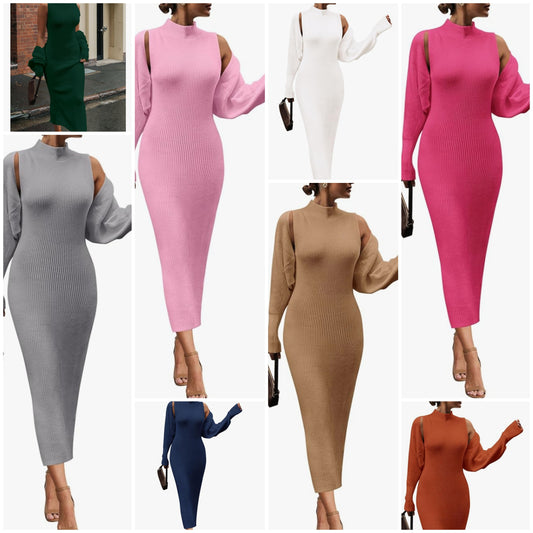 2 Piece Outfit Bodycon Maxi Tank Pullover Sweater Dress and Long Sleeve Cropped Cardigan Knit Sets