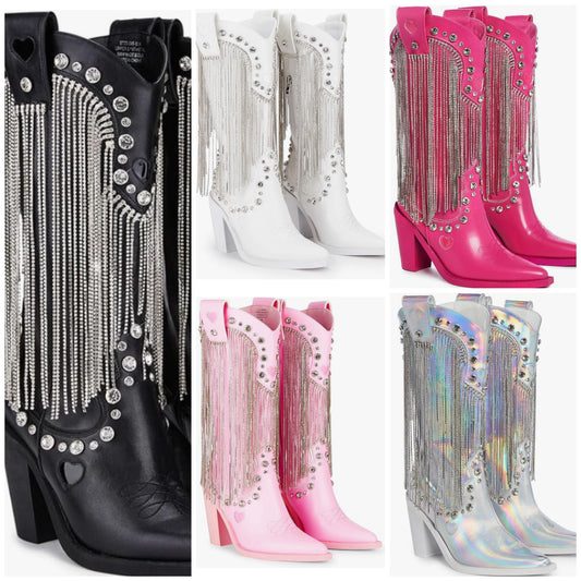 Cowbirl Boots - Vegan Leather Footwear With Rhinestone Fringe and Jewel Studs