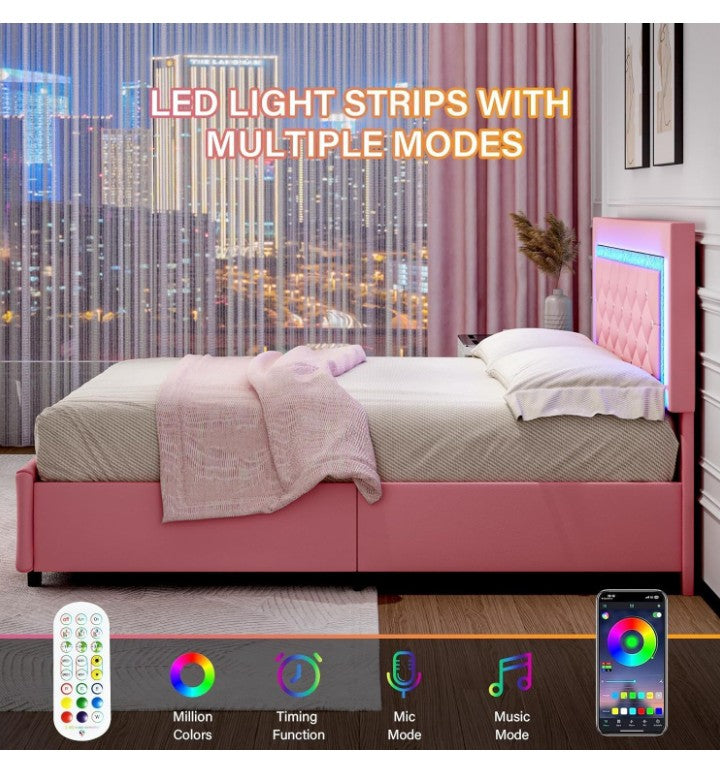 Full Size Bed Frame with LED Lights, Upholstered Bed Frame with Storage Drawers, Princess Platform Bed with Diamond Headboard and Footboard, No Box Spring Needed,