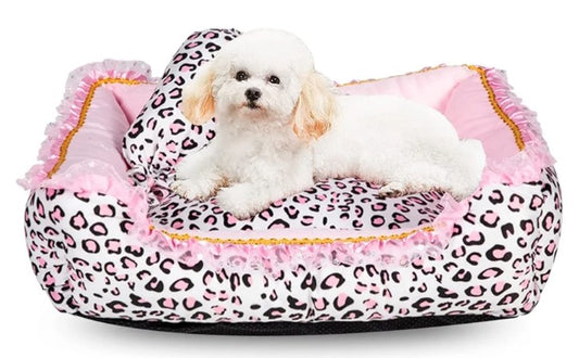 Bed for Small Dogs or cats- Cute Pink Leopard Dog Bed,Cat Beds for Indoor Cats Washable - Square Shape Cat Dog Sofa Bed Pet House Nest Cave(M, 20.8" L x 18" W x 5.5"