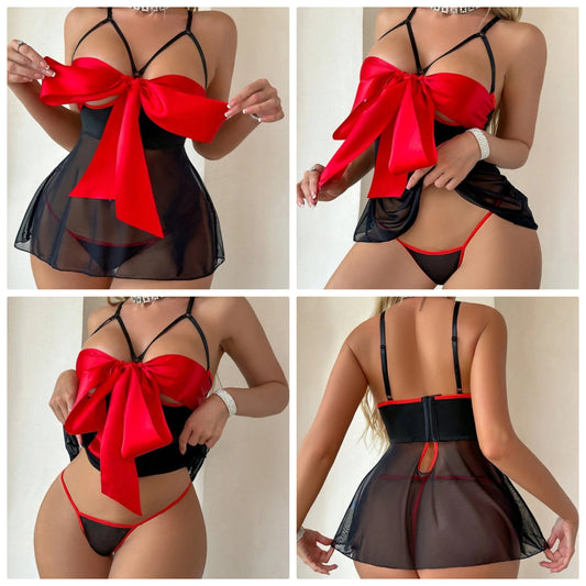 Sexy 2pcs COCOMONEY zbow Womens Nightgown Set