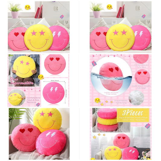 3 Pcs 16 Inch Face Emoticon Cushion Stuffed Plush Pillow, 3D Round Throw Pillows with Embroidery Pattern Cute Round Floor Cushion Decorative Plush Throw Pillows for Car, Bed, Couch, Sofa, Office Home