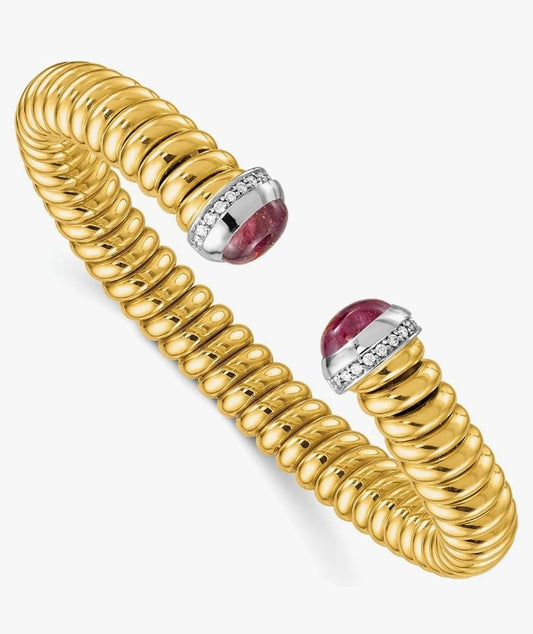 COCOMONEY 0.18 Ct Diamonds and Garnet 18k Yellow Gold High Polish Woven Ribbed Cuff Bangle Bracelet - Artistic Elegance