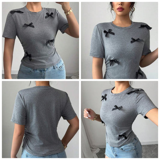 Crewneck Waisted Bow Decor Short Sleeve T-Shirt