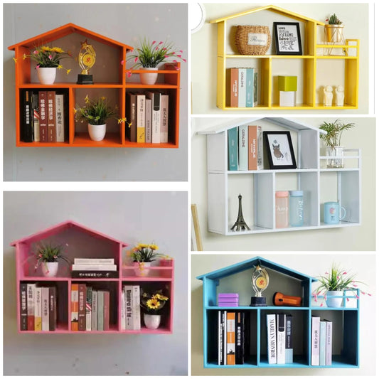 Wall Mount Shelves Small House Shape Floating Shelves Metal Frame,Wall Mounted Display Shelves Storage Unit,Modern Home Decor Wall Shelf Bookshelves for Living Room,Nursery,Office,Bedroom,Bathroom,