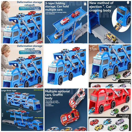 Kids Launcher Big Truck Track Playset, Multi-Function Toy Cars Engineering Vehicles Foldable Racing Track, 6pcs Alloy Mini Cars Set For Parent-Child Interaction (Random Car Color & Sticker Pattern)