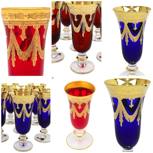 Set of 6 Crystal Glasses, 24K Gold-Plated (Champagne Flutes, Blue)