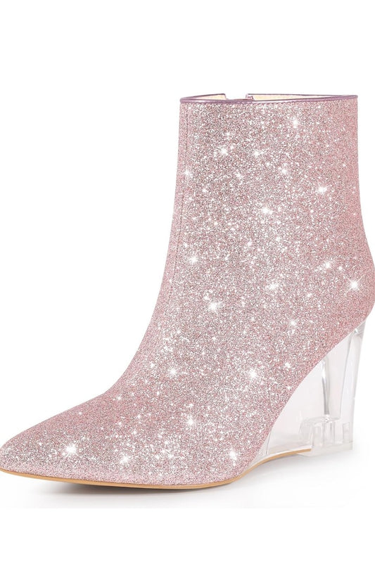 Clear Heels Boots Sequin Pointed Toe Glitter Wedge Heels Ankle Boots for Women
