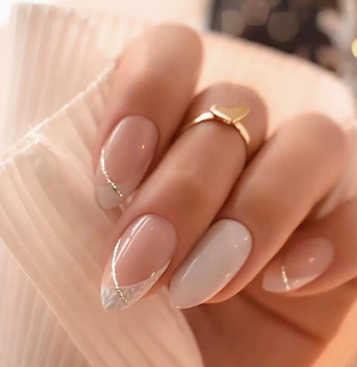 6 Packs (144 Pcs) Press on Nails Medium Almond Fake Nails French Tip False Nails with Designs Leaf Glue on Nail Full Cover Glossy Acrylic Stick on Nail for Women Manicure