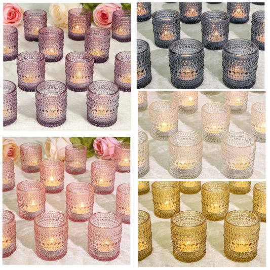 24 Pcs Votive Candle Holders, Purple Glass Candle Holders Bulk for Table Centerpiece, Tea Lights Candle Holders for Wedding Shower, Party and Home Decor