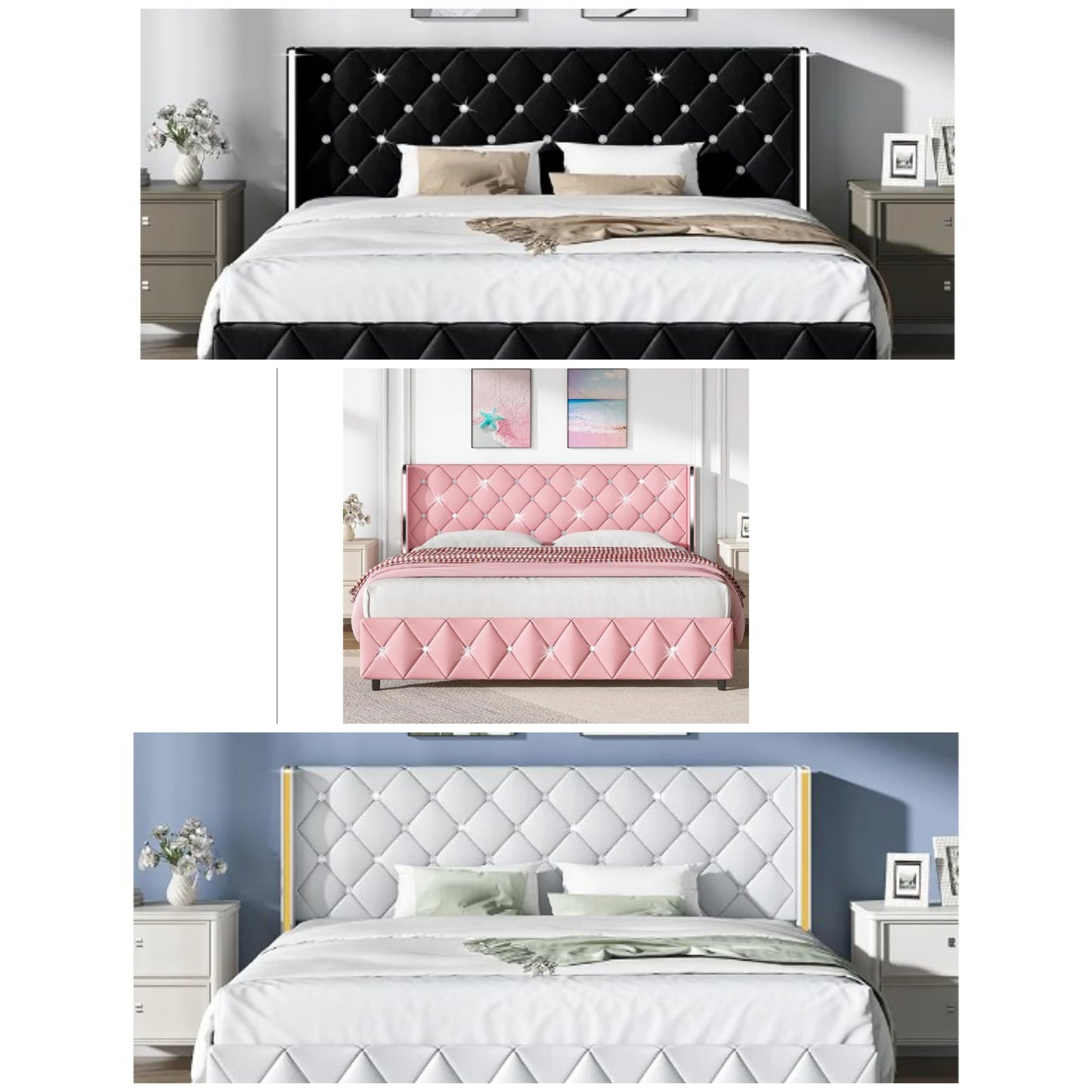 King Size Bed Frame and Headboard, Modern Upholstered Bed Frame with Diamond Tufted Headboard and Silver Wingback, Faux Leather, No Box Spring Needed, Easy Assembly,