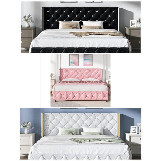 King Size Bed Frame and Headboard, Modern Upholstered Bed Frame with Diamond Tufted Headboard and Silver Wingback, Faux Leather, No Box Spring Needed, Easy Assembly,