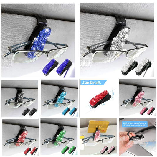 2 PCS Glasses Holders for Car Sun Visor, Fashion Bling Crystal Rhinestones Car Eyeglasses Sunglasses Hanger Mount with Ticket Card Clip