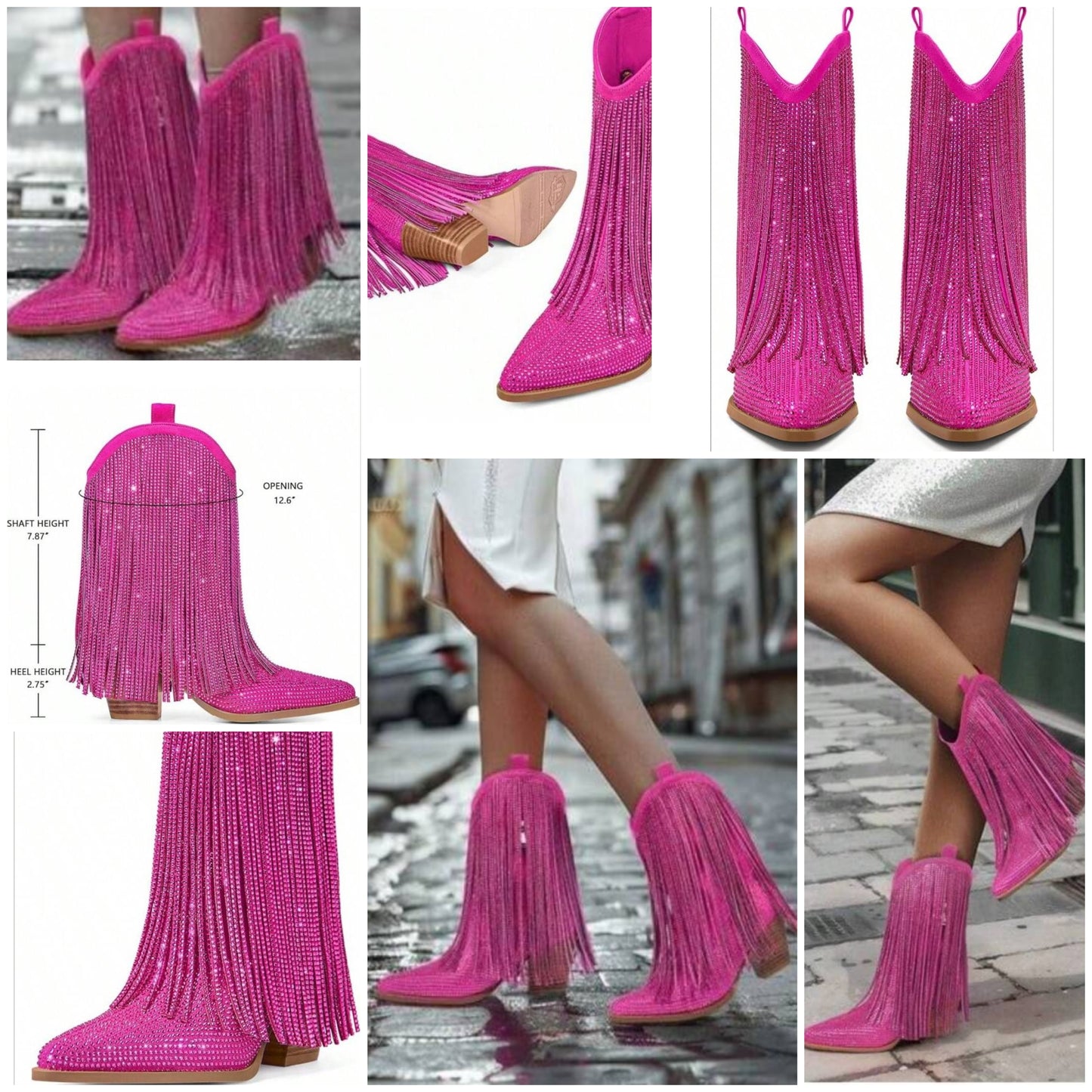 Cowgirl Rhinestone Boots With Sparkly Fringe Pointed Toe Western Ankle Boots & Booties Chunky Heel Pull-On