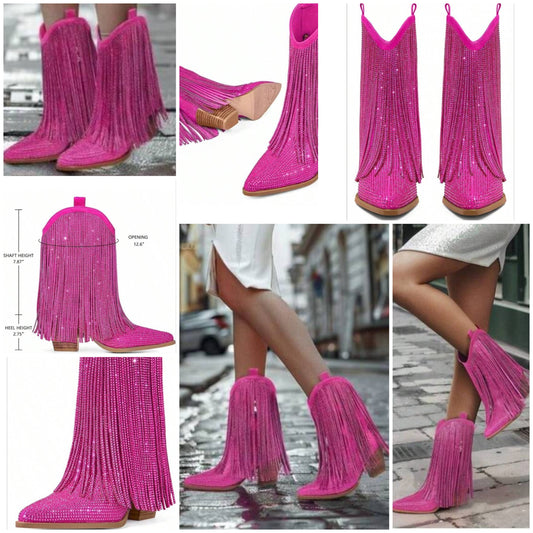 Cowgirl Rhinestone Boots With Sparkly Fringe Pointed Toe Western Ankle Boots & Booties Chunky Heel Pull-On