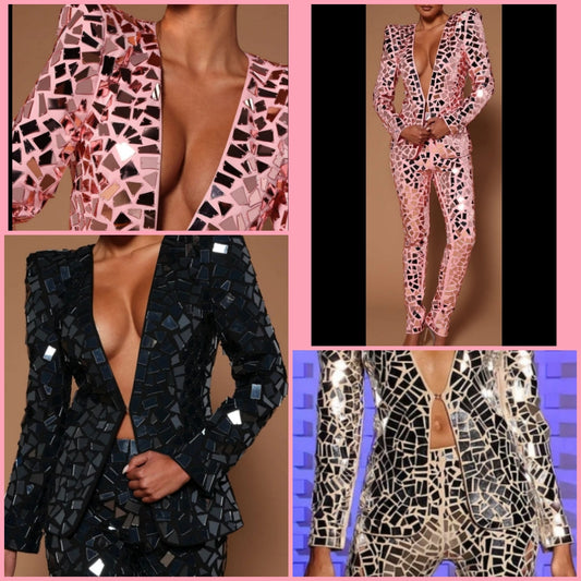 COCOMONEY Deep V Neck Mirror Sequin Two Piece Pant Set