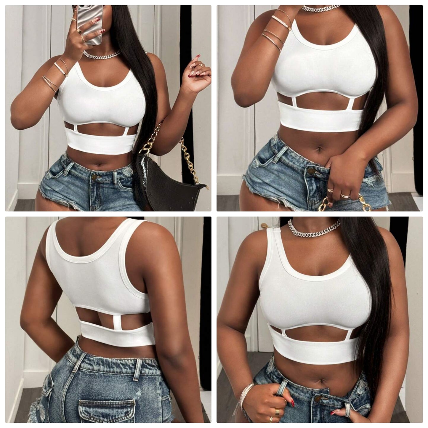 Fashionable Sexy Solid Color Hollow Out Cropped Tank Top