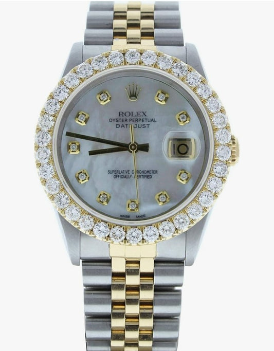 Rolex Datejust 36mm Watch 16233 Custom Mother of Pearl Diamond Dial & 3CT Diamond Bezel (Preowned)