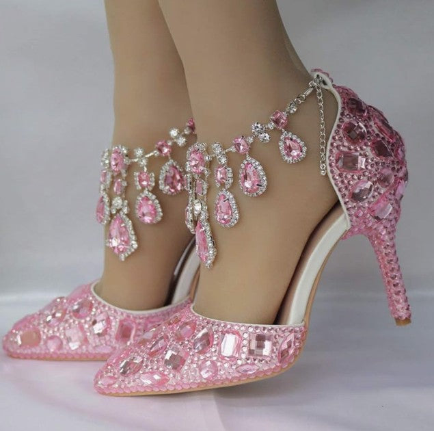 Womens Rhinestone Wedding Shoes Party Pumps with Ankle Chains