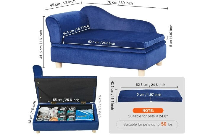 VEVOR Pet Sofa, Dog/Cat Couch for Small-Sized Dogs or Cats, Soft Velvety Dog Sofa Bed, 50 lbs Loading Cat Sofa, Blue