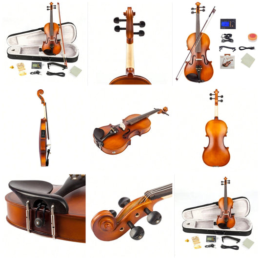Glarry 4/4 Solid Wood EQ Violin Case Bow Violin Strings Shoulder Rest Electronic Tuner Connecting Wire Cloth Matte