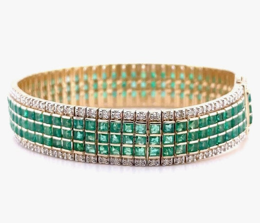 COCOMONEY 14K Gold Emerald and Diamond Tennis Bracelet, Emeralds 13.65 ct, Diamonds 2.64 ct