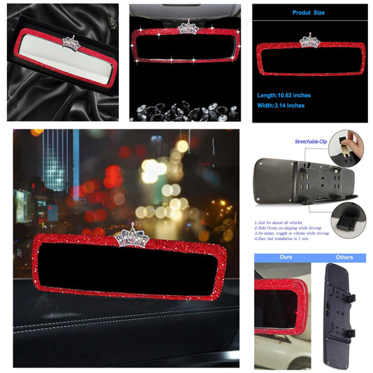 Bling Rhinestone Rear View Mirror Cover, Car Rear View Mirror with Crystal Diamonds Bling Rhinestones Car Rear View Mirror Car Interior Trim (Red)