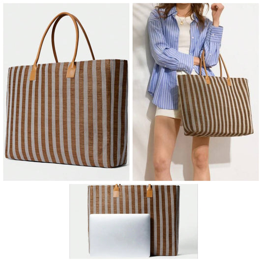 Striped Simple Handbag, Daily Casual Storage Bag Travel Bag Beach Bag COCOMONEY