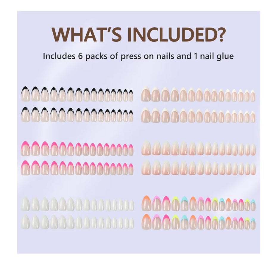 6 Packs Press On Nails Almond, Misssix French Tip Press On Nails Short, Reusable Glue On Nails, Gel Fake Nails for Women, Stick On Nails Kit 15 Sizes-6 styles in total