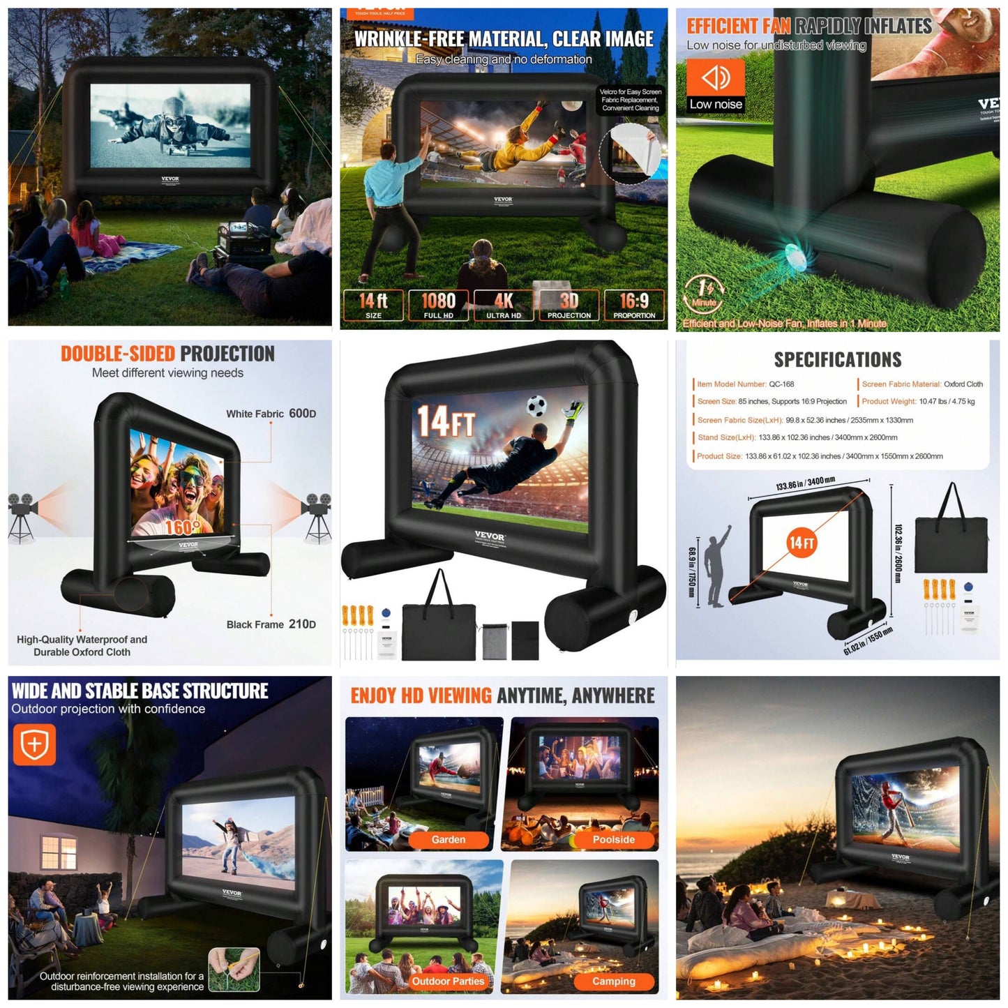 VEVOR Inflatable Movie Screen, 14 FT Inflatable Projector Screen For Outside With Blower And Carrying Bag, Front/Rear Projection, Oxford Fabric Blow Up Screen For Outdoor Parties Backyard Movie Night