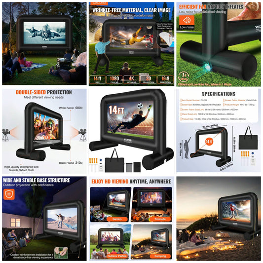 VEVOR Inflatable Movie Screen, 14 FT Inflatable Projector Screen For Outside With Blower And Carrying Bag, Front/Rear Projection, Oxford Fabric Blow Up Screen For Outdoor Parties Backyard Movie Night