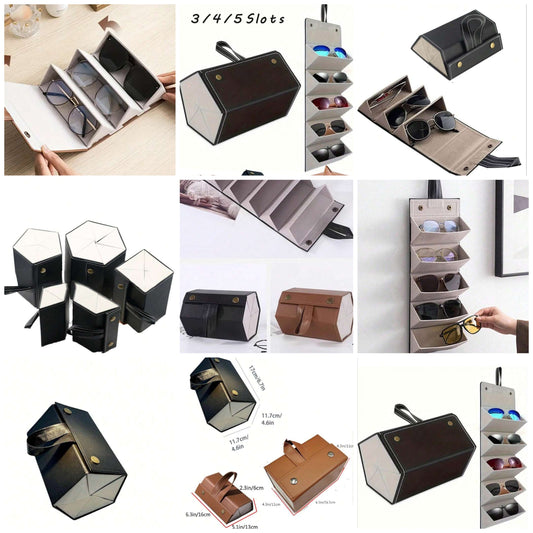 2/3/4/5/6 Slots Travel Glasses Case, Compact Foldable Fashion Glasses Organizer, Foldable Hanging Glasses Sunglasses Storage Rack Organizer, PU Leather Eyewear Holder Sunglasses Case Sunglasses Holder Storage Bag Organization