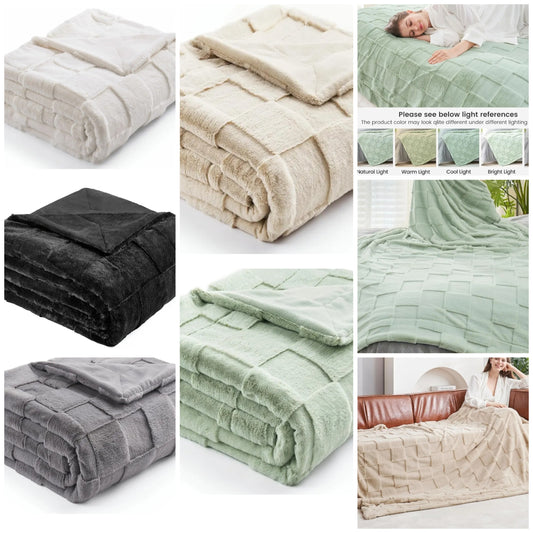 Checkered Faux Rabbit Fur Sage Green Throw Blanket, Lightweight Fleece Soft Fuzzy Fluffy Minky Furry Blankets for Couch, Bed