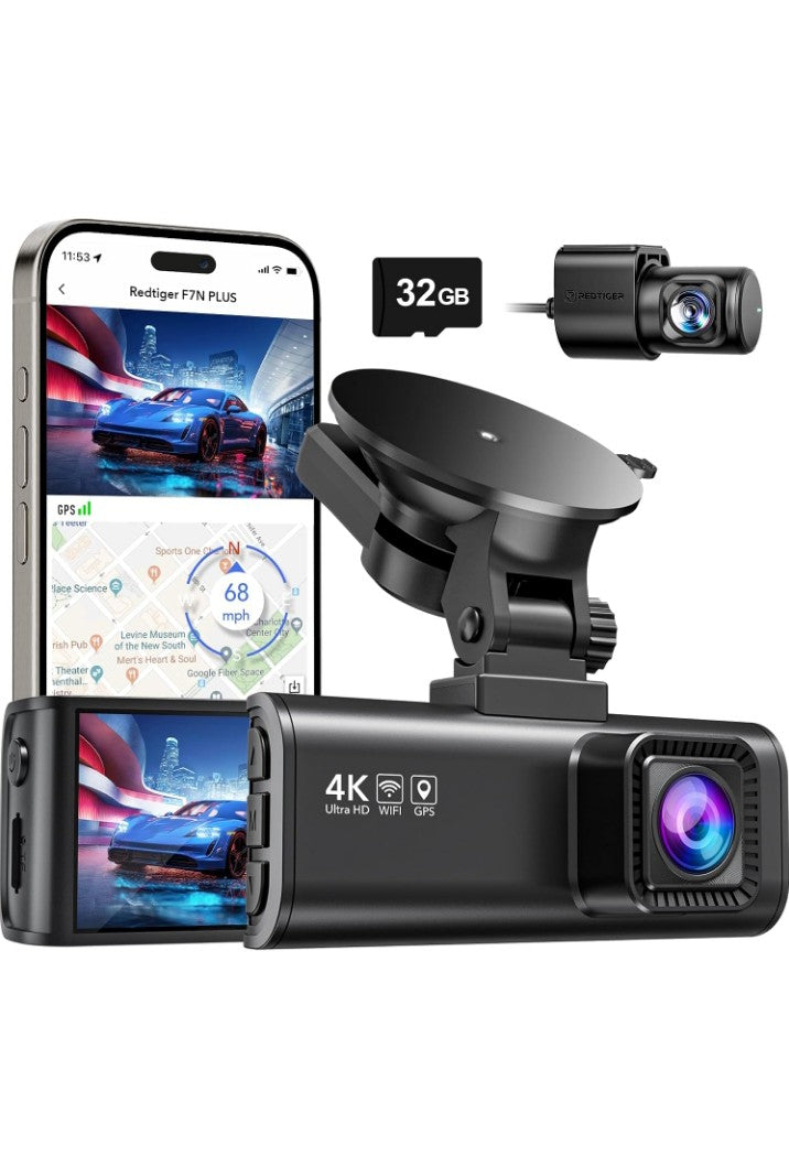 REDTIGER Dash Cam Front Rear, 4K/2.5K Full HD Dash Camera for Cars, Included 32GB Card, Built-in Wi-Fi GPS, 3.16” IPS Screen, Night Vision, 170°Wide Angle, WDR, 24H Parking Mode(F7NP)
