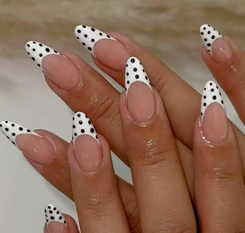 6 Packs (144 Pcs) Press on Nails Medium Almond Fake Nails with Designs Polka Dot Glue on Nails Cute False Nails Full Cover Glossy Acrylic Stick on Nail for Women Girls Manicure