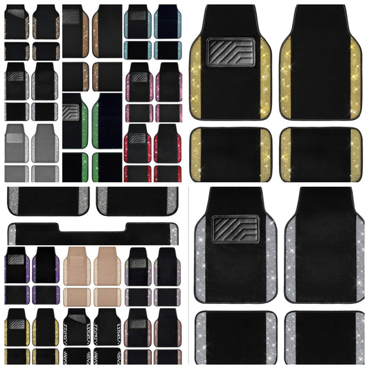 Bling Rhinestones Diamond Car Floor Mat, Crystal Sparkly Shining Glitter Carpet, Waterproof Anti-Slip PVC Heel Pad Universal Fit Interior Set SUV,Sedan,Van,4pcs Girl Women Men