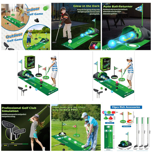 Golf Club Set With Automatic Ball Returner, Led Light Up Night Golf Balls, Golf Putting Mat, 3-5 Toddler Mini Golf Games, Indoor Outdoor Sport Toys Gifts For Boys Girls Aged 3 and up