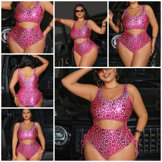 1pc Plus Size Leopard Print Sleeveless Hollow Out Drawstring One-Piece Swimsuit COCOMONEY