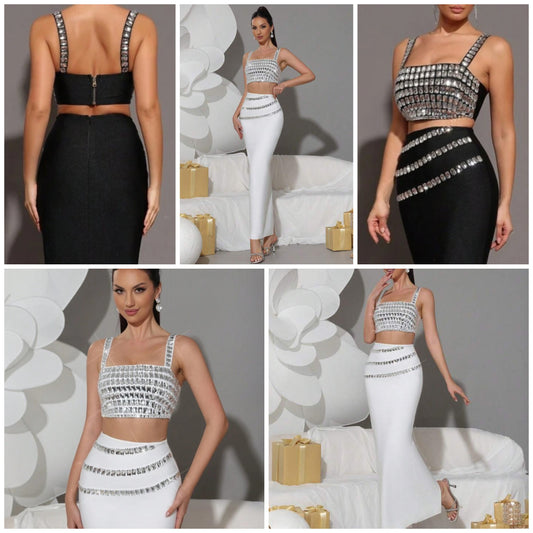 Luxurious Crystal Embellished Camisole + Long Skirt 2Pcs Set, Elegant Bandage Suit For Ladies Holiday Party COCOMONEY