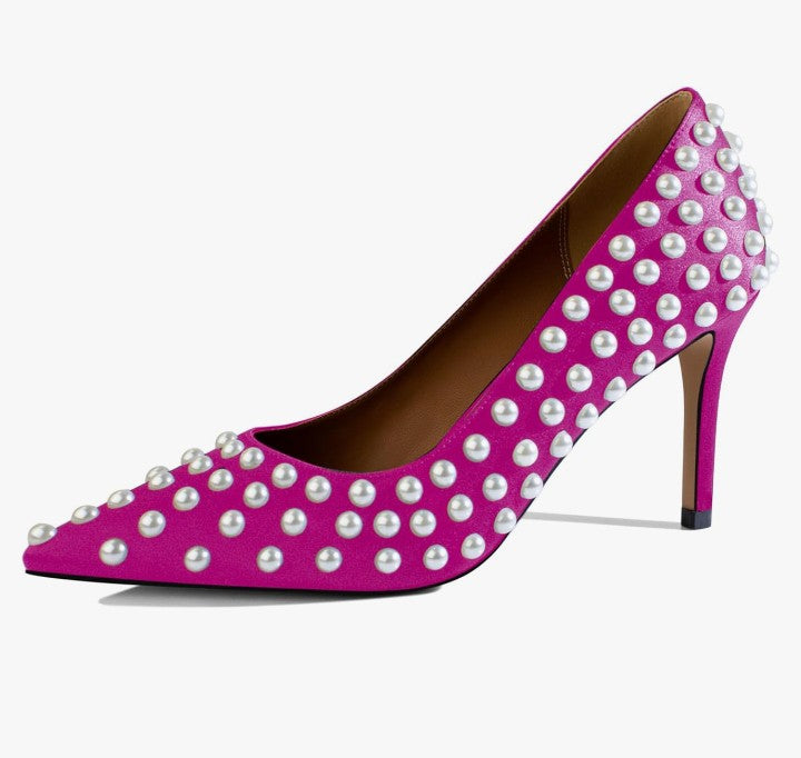 Sexy Stiletto High Heel Pumps Chic Pearl Studded Slip-on Shoes Satin Pointed Toe Fashion Dress