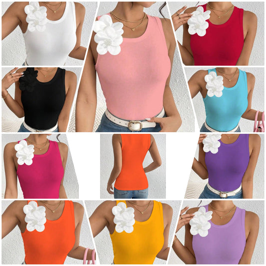 3D Flower Decor Fashionable Round Neck Tank Top COCOMONEY