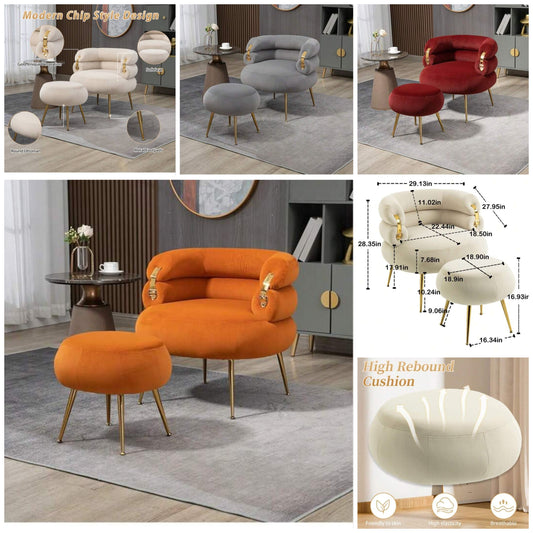 Velvet Accent Chair With Ottoman,Upholstered Modern Single Sofa Side Chair,Comfy Barrel Club Living Room Armchair With Golden Metal Legs For Bedroom Living Reading Room Office