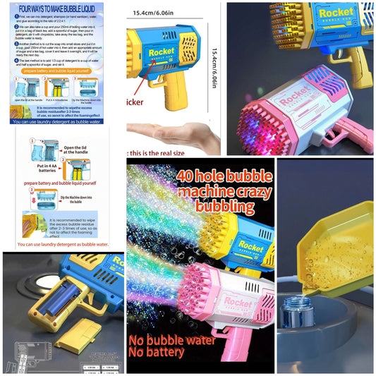 1PC 40-Hole Electric Bubble Machine Handheld Gatling Automatic Bubble Gun Portable Outdoor Party Toy LED Light Hair Gift (Bubble Liquid And 4xAA Battery Not Included Made Of Plastic) Children's Toy Gun With Fan, Light & Bubble Blower Automatic Bubble Blow