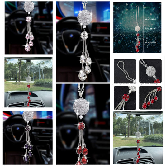 Bling Car Accessories for Women and Man,Cute Car Decor Bling Car Mirror Hanging Accessories Crystal Ball,Lucky Crystal Sun Catcher Ornament,Rear View Mirror Flower Charm Decor (Red)metal