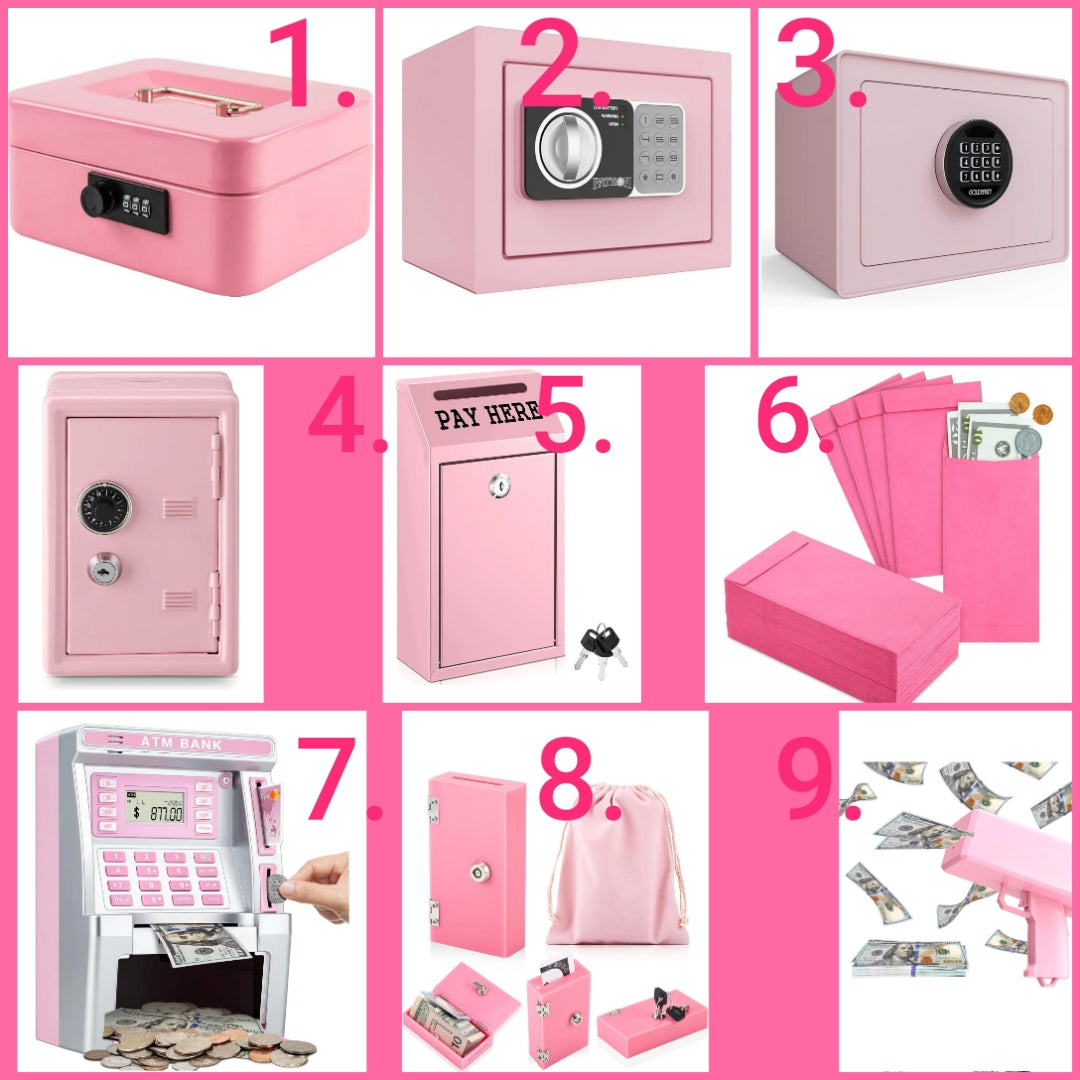 Pink safe or lockbox or money gun or money envelopes or kids cash register choose option below