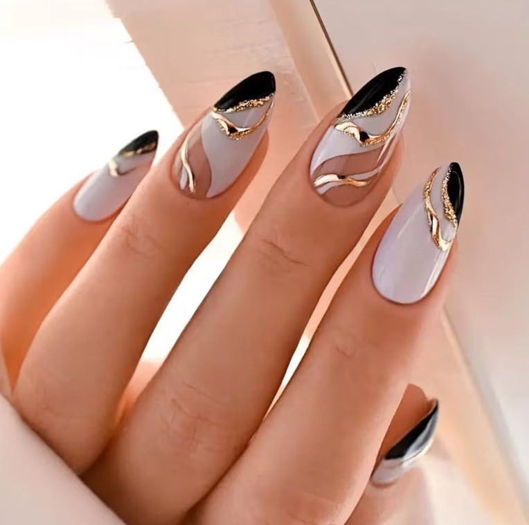 6 Packs (144 Pcs) Press on Nails Medium Almond Fake Nails French Tip False Nails with Designs Leaf Glue on Nail Full Cover Glossy Acrylic Stick on Nail for Women Manicure